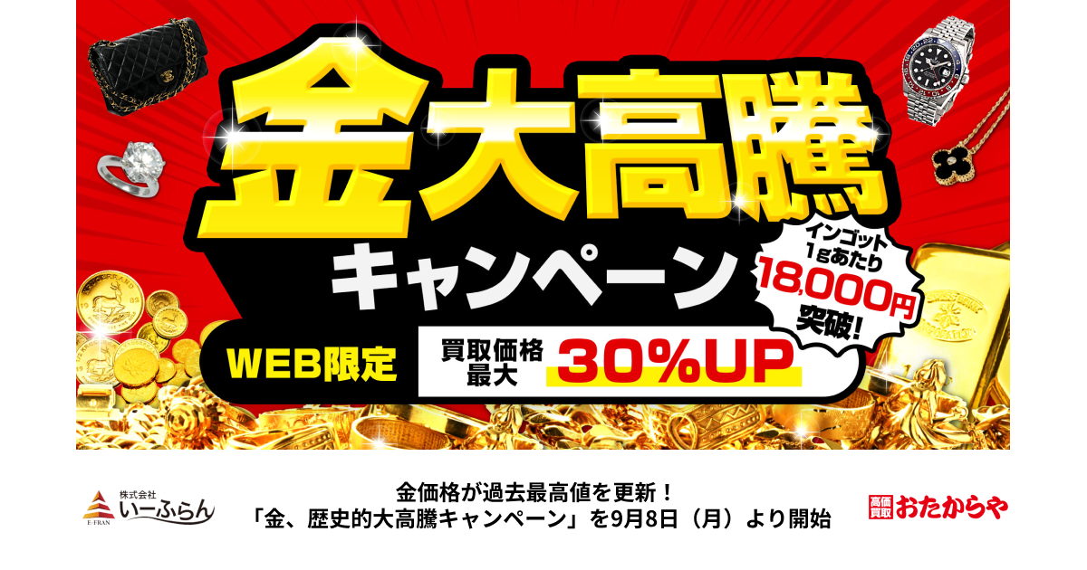 【いーふらん】金価格が過去最高値を更新！「金、歴史的大高騰キャンペーン」を9月8日（月）より開始